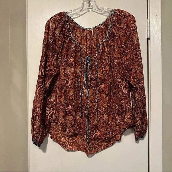Free People Burnt Orange Paisley Pleated Boho Front Tie Blouse size S - Picture 1 of 5